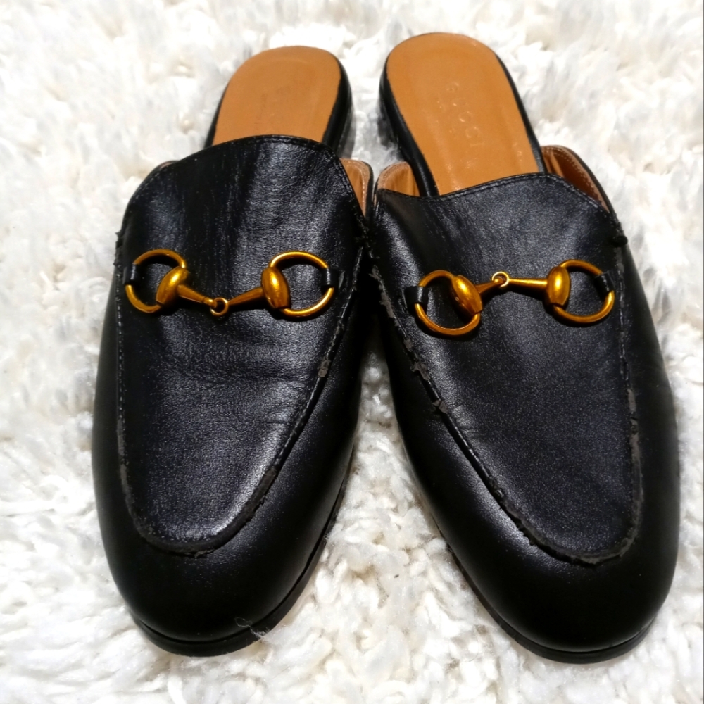 Gucci Black Leather Horsebit Mules with Gold Hardware